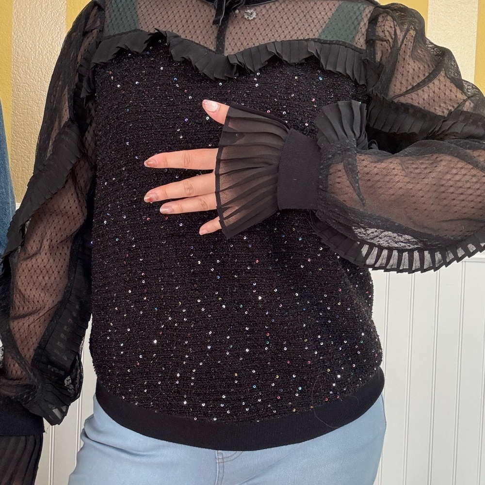Elegant Black Sheer Ruffle Top - Picture 2 of 8